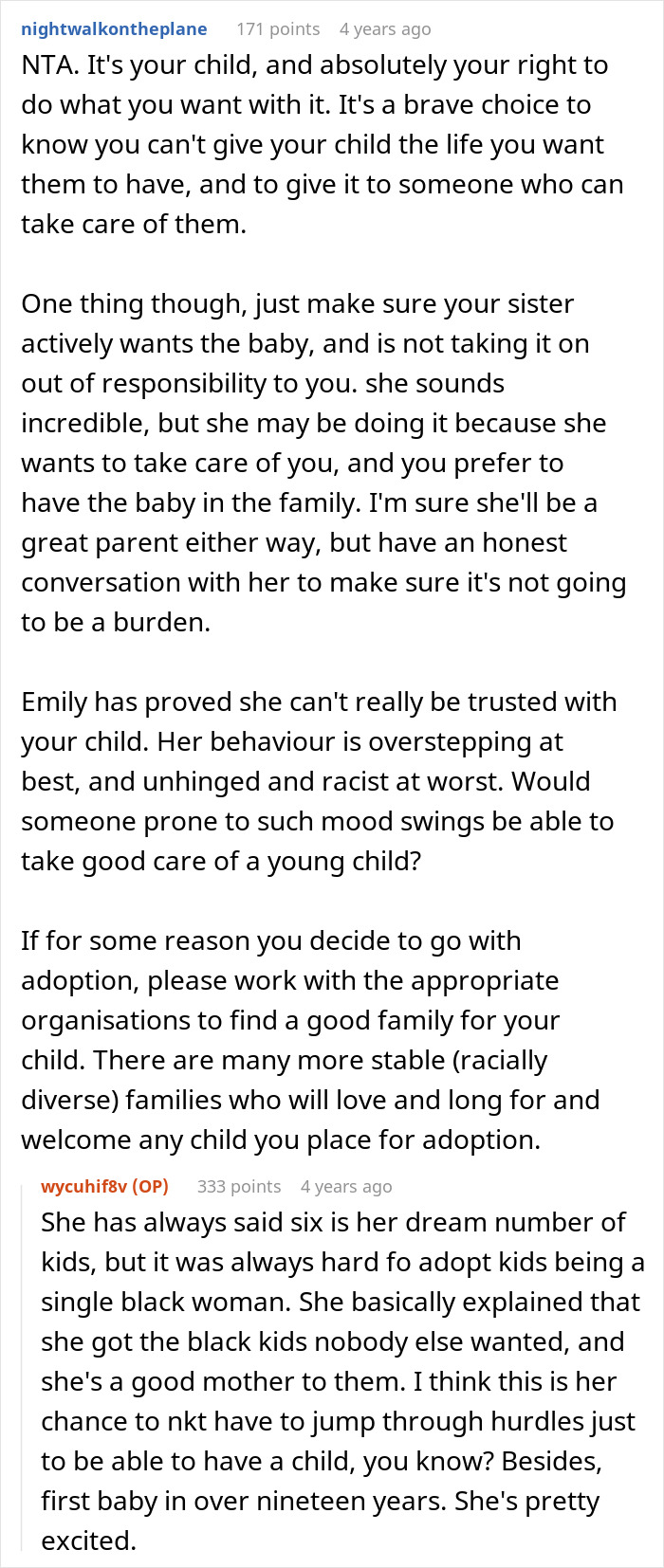 Reddit comments discussing a racist lady’s demand for her friend’s white baby and adoption by his sister instead. Reddit comments discussing a racist lady’s demand for her friend’s white baby and adoption by his sister instead.