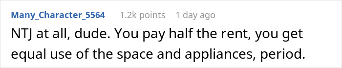 Screenshot of a social media comment discussing a person refusing to follow roommate’s strict vegan kitchen rules, labeled selfish. Screenshot of a social media comment discussing a person refusing to follow roommate’s strict vegan kitchen rules, labeled selfish.