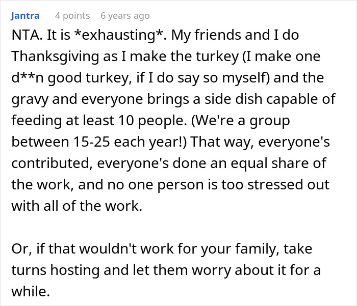 Forum screenshot of a comment on shared Thanksgiving cooking where woman cancels Thanksgiving after in-laws mock her food
