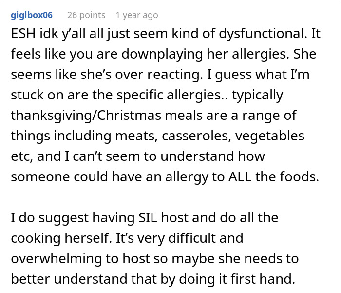 Comment discussing family allergies and the challenge of accommodating multiple food restrictions during holidays. Comment discussing family allergies and the challenge of accommodating multiple food restrictions during holidays.