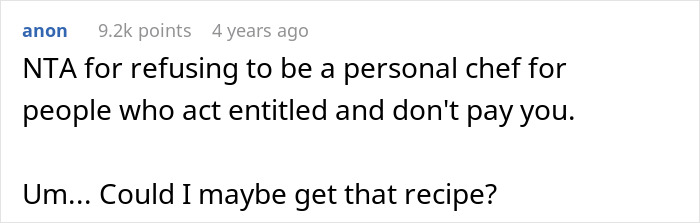 Screenshot of an online comment discussing refusing to be a personal chef and asking for a homemade pie recipe.