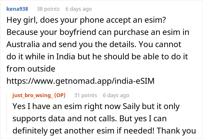 Reddit conversation about being held hostage at parents’ place and discussing using eSIM for communication. Reddit conversation about being held hostage at parents’ place and discussing using eSIM for communication.