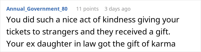 Comment from user Annual_Government_80 praising an act of kindness and mentioning ex daughter-in-law karma in a holiday clash context. Comment from user Annual_Government_80 praising an act of kindness and mentioning ex daughter-in-law karma in a holiday clash context.