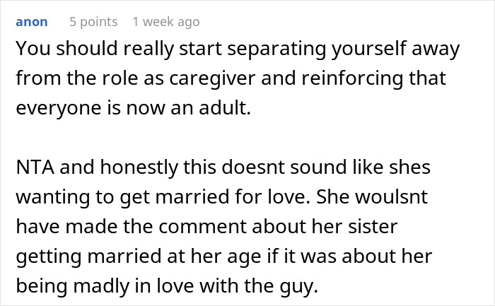 Screenshot of an online comment discussing a financially unstable woman rushing into marriage and facing a bitter reality check.