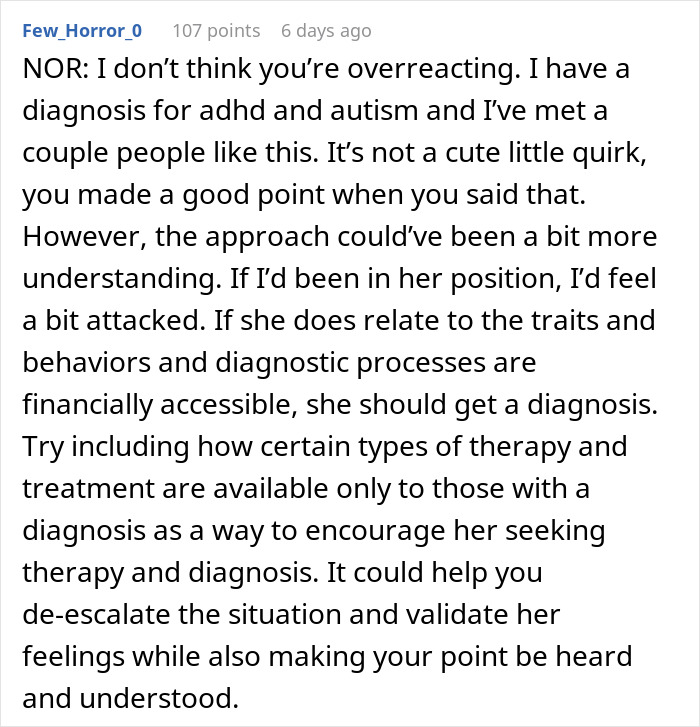 Comment discussing self-diagnosed autism and ADHD, suggesting therapy and diagnosis to address behavior and relationship issues. Comment discussing self-diagnosed autism and ADHD, suggesting therapy and diagnosis to address behavior and relationship issues.