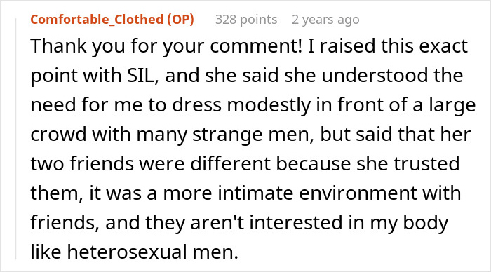 Comment explaining a family dispute involving Muslim daughter-in-law choosing modest dress over wearing a bikini at a bridal party. Comment explaining a family dispute involving Muslim daughter-in-law choosing modest dress over wearing a bikini at a bridal party.