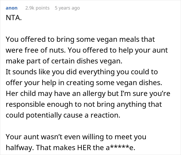 Comment discussing challenges of no vegan options Christmas Eve dinner and efforts to provide safe vegan meals free of nuts. Comment discussing challenges of no vegan options Christmas Eve dinner and efforts to provide safe vegan meals free of nuts.