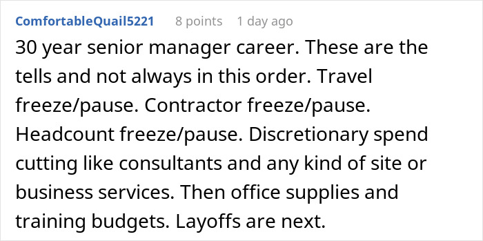 Comment highlighting subtle red flags like travel and headcount freezes indicating your job is actually not safe at all. Comment highlighting subtle red flags like travel and headcount freezes indicating your job is actually not safe at all.