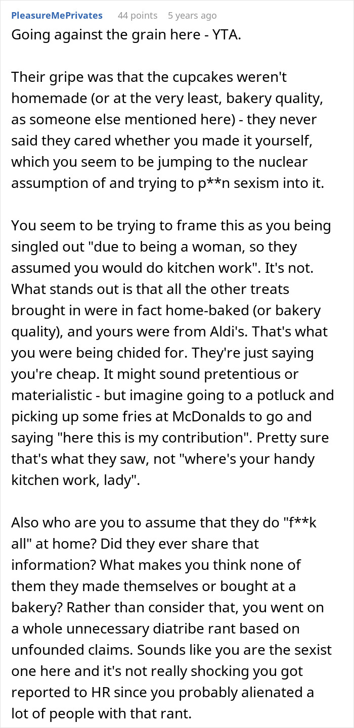 Comment discussing office potluck store bought dessert drama and perceptions of homemade versus store-bought treats. Comment discussing office potluck store bought dessert drama and perceptions of homemade versus store-bought treats.