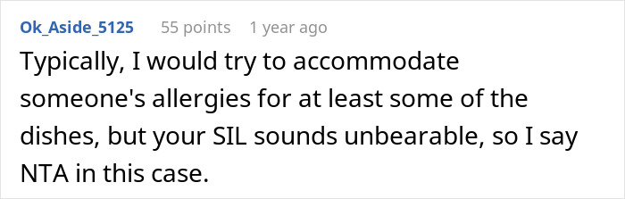 Screenshot of a Reddit comment discussing accommodating allergies, relating to family conflict over catering to allergy needs. Screenshot of a Reddit comment discussing accommodating allergies, relating to family conflict over catering to allergy needs.