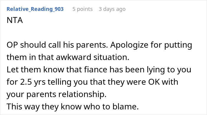 Screenshot of a Reddit comment advising to confront fiancé’s lie about family after holiday dinner conflict during engagement.
