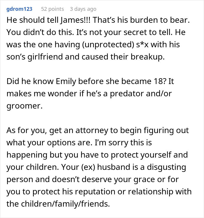 Comment discussing man unsure if affair partner's baby is his child or grandchild amid son's recent breakup. Comment discussing man unsure if affair partner's baby is his child or grandchild amid son's recent breakup.
