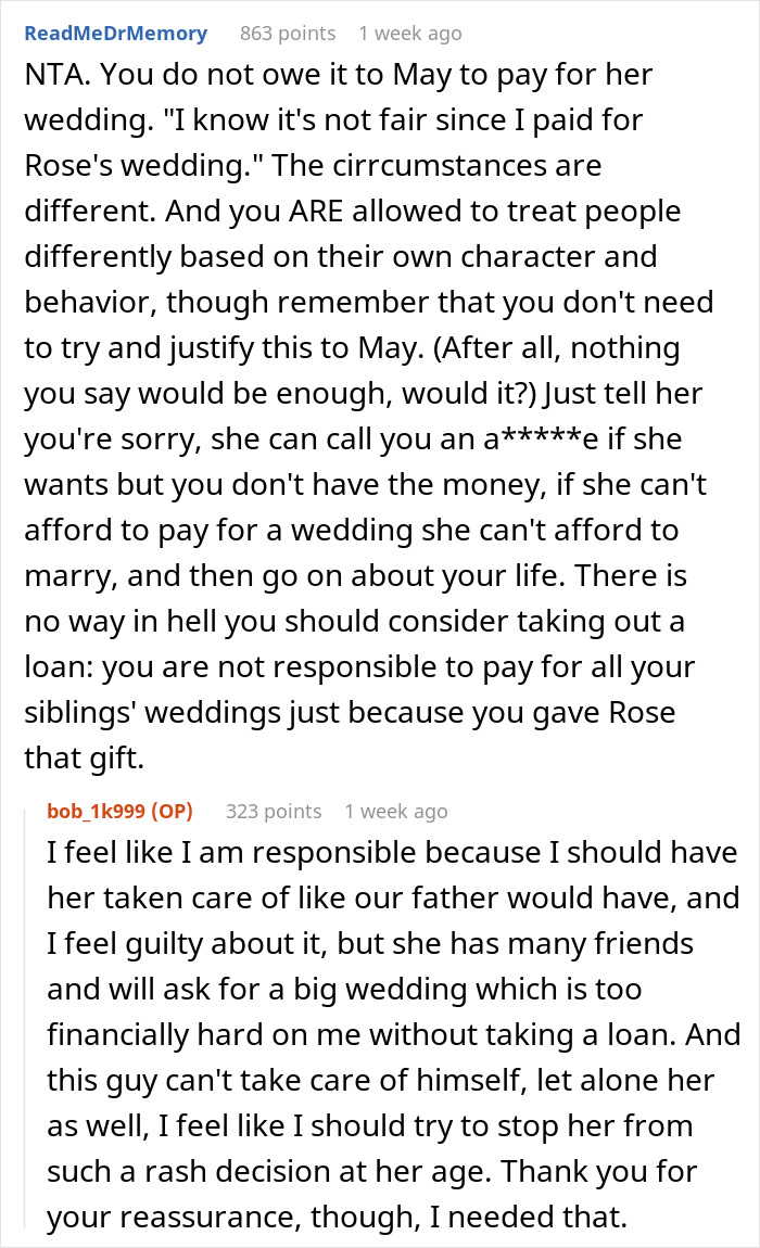 Screenshot of a Reddit discussion about a financially unstable woman rushing into marriage and facing a harsh reality check.
