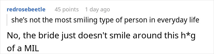 Screenshot of a Reddit comment discussing a MIL’s plan to make the bride look ugly in wedding illustration.