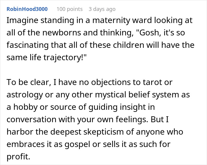 Screenshot of a social media comment discussing astrology, skepticism, and mystical belief systems in everyday life.