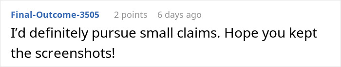 Screenshot of a comment advising to pursue small claims with evidence, related to makeup artist pretending to be sick on wedding day.