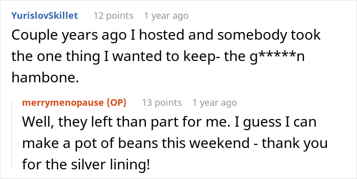 Reddit user shares story of Thanksgiving host left shocked after family clears leftovers, leaving empty fridge after celebration.