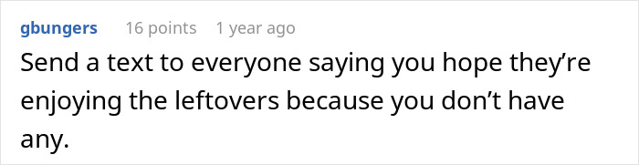 Comment about sending a text to family after Thanksgiving when the host is left with no leftovers.