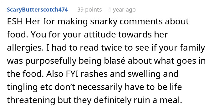 Commenter discussing family attitudes and reactions to allergies, highlighting challenges of managing food sensitivities in family settings. Commenter discussing family attitudes and reactions to allergies, highlighting challenges of managing food sensitivities in family settings.
