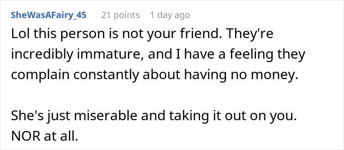Screenshot of a Reddit comment discussing cutting contact with a friend after she showed true colors at a McDonald's drive thru.