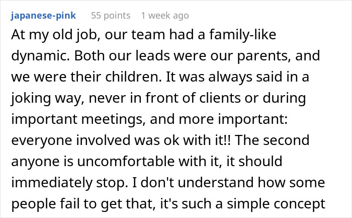 Screenshot of a Reddit comment discussing a family-like team dynamic and coworkers referring to each other as work mom.