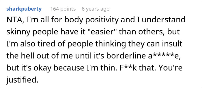 Comment expressing frustration with skinny-shaming and supporting body positivity in a heated online discussion.