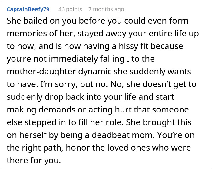 Comment about bio mom throwing a fit after daughter decides to honor dad's bestie as mom at wedding.