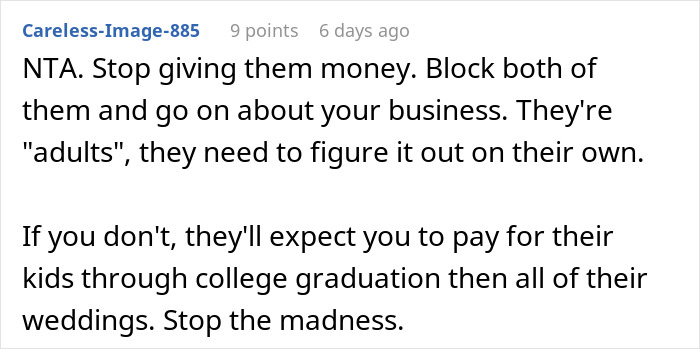 Reddit screenshot urging to stop giving money to brother and wife, protect family finances. Reddit screenshot urging to stop giving money to brother and wife, protect family finances.