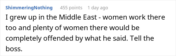 Screenshot of a social media comment about a coworker telling a woman she should stay home and birth babies.