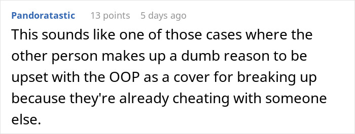 Comment text on a forum discussing a woman ending relationship due to boyfriend's passion for pastries. Comment text on a forum discussing a woman ending relationship due to boyfriend's passion for pastries.