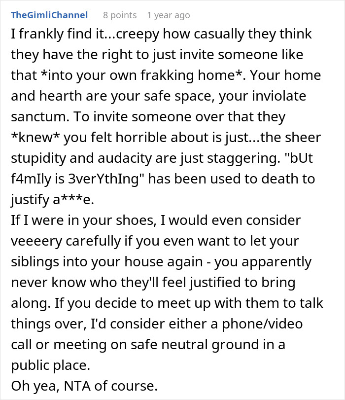 Screenshot of an online comment discussing a guy kicking siblings out after a surprise they planned causes conflict. Screenshot of an online comment discussing a guy kicking siblings out after a surprise they planned causes conflict.