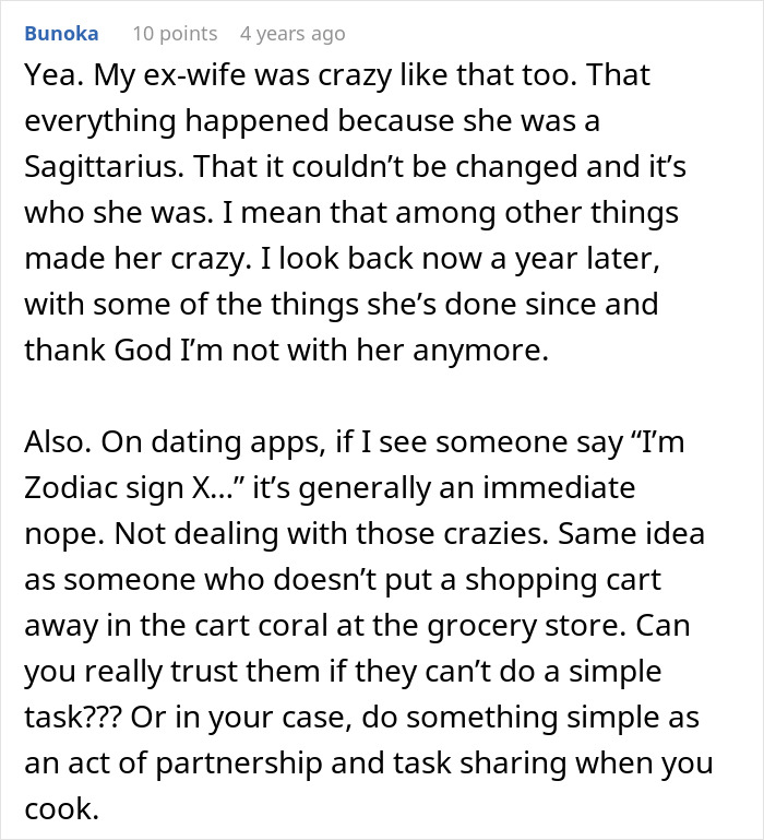 Comment about ex-wife’s behavior linked to zodiac sign Sagittarius and distrust of astrology-obsessed dating profiles.
