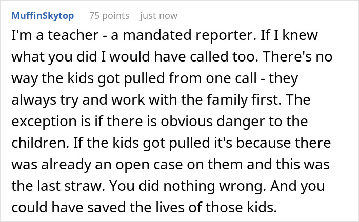 Comment discussing a teacher&rsquo;s perspective on calling CPS about suspected child a***e and mandated reporter duties.