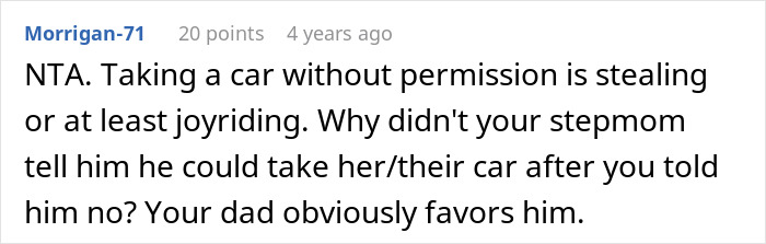 Screenshot of a Reddit comment discussing family conflict over a half-brother stealing a car and resulting arrest.