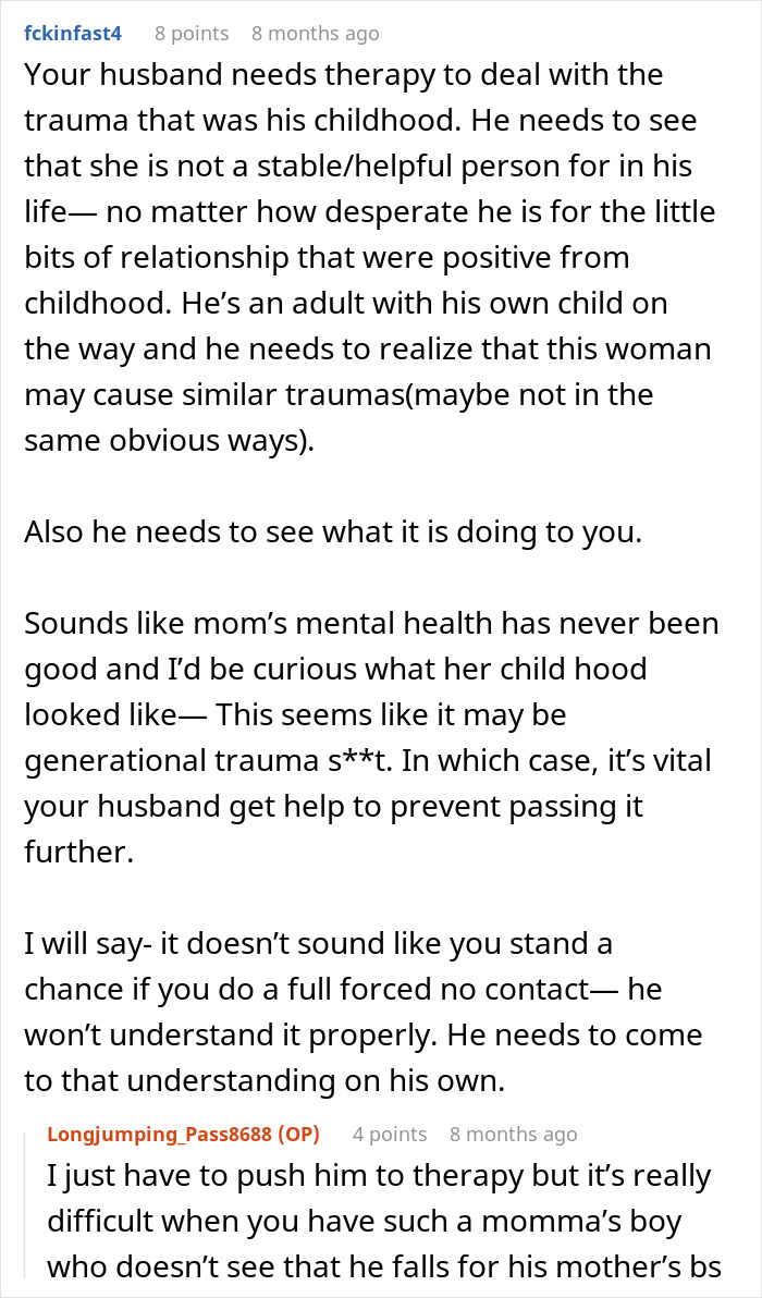 Commenter advises therapy for husband struggling with generational trauma and mother’s mental health in difficult family dynamics.