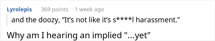 Screenshot of an online comment thread with a user expressing confusion over implied harassment in a workplace discussion.