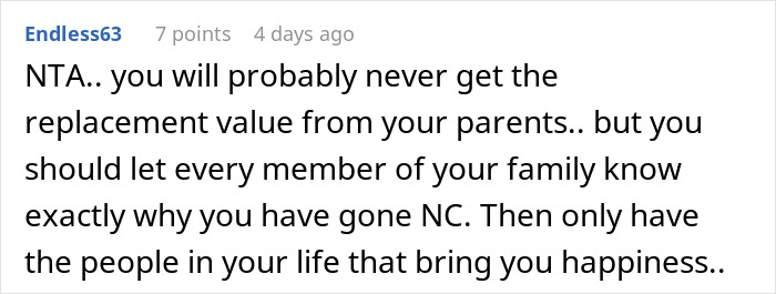 Screenshot of an online comment discussing a man cutting off parents after their revenge on his small wedding plans.