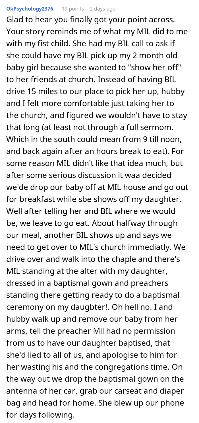 Screenshot of a Reddit comment sharing a story about a step-grandma sneaking a baby to Santa and losing babysitting privileges. Screenshot of a Reddit comment sharing a story about a step-grandma sneaking a baby to Santa and losing babysitting privileges.