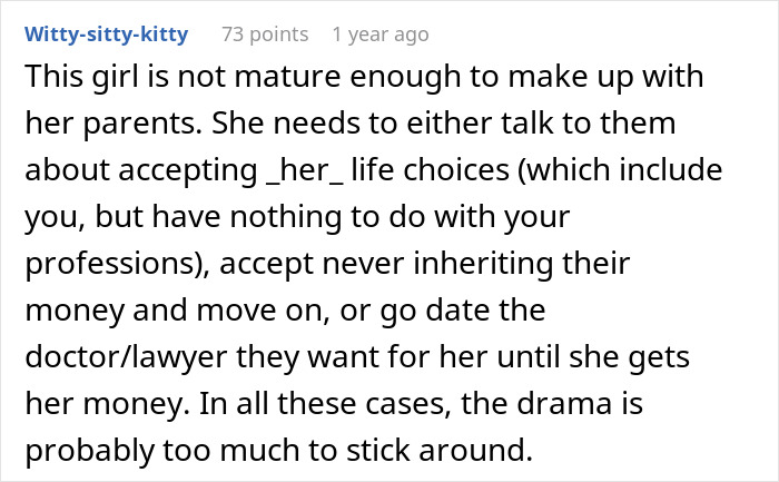 Screenshot of an online comment discussing relationship issues and pressures related to career and honesty in partnerships.