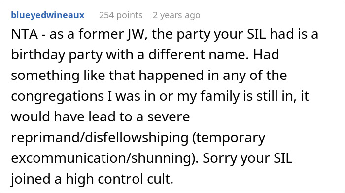 Comment discussing Jehovah's Witness mom celebrating kid's birthday under different name and SIL's reaction to it.
