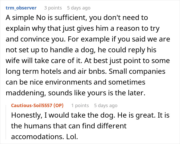 Reddit comments discussing advice on handling a boss who asked to host the entire family, focusing on boundaries and accommodations. Reddit comments discussing advice on handling a boss who asked to host the entire family, focusing on boundaries and accommodations.