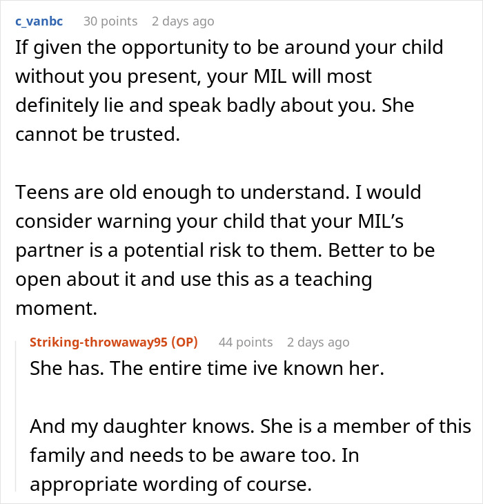 Text conversation discussing risks of MIL’s partner around children and the impact on family trust and relationships. Text conversation discussing risks of MIL’s partner around children and the impact on family trust and relationships.