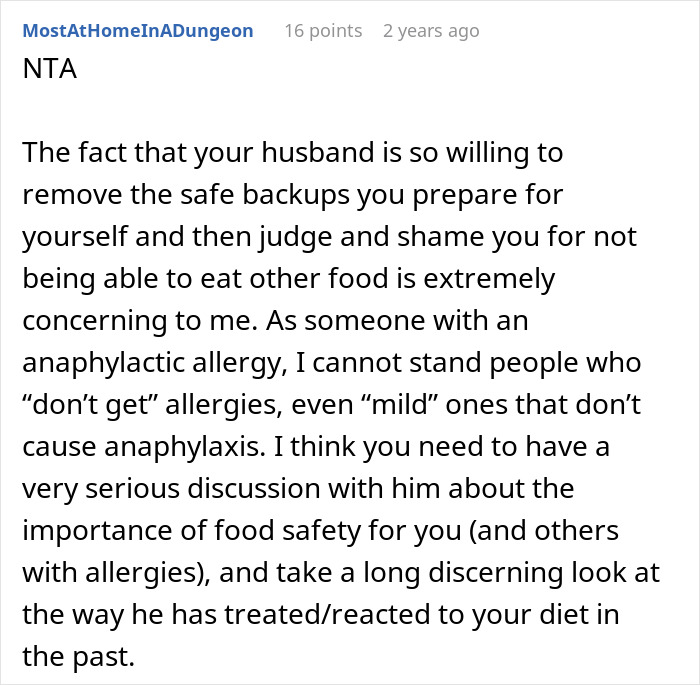 Comment discussing concerns about a husband&rsquo;s reaction to a picky eater with allergies and food safety issues.