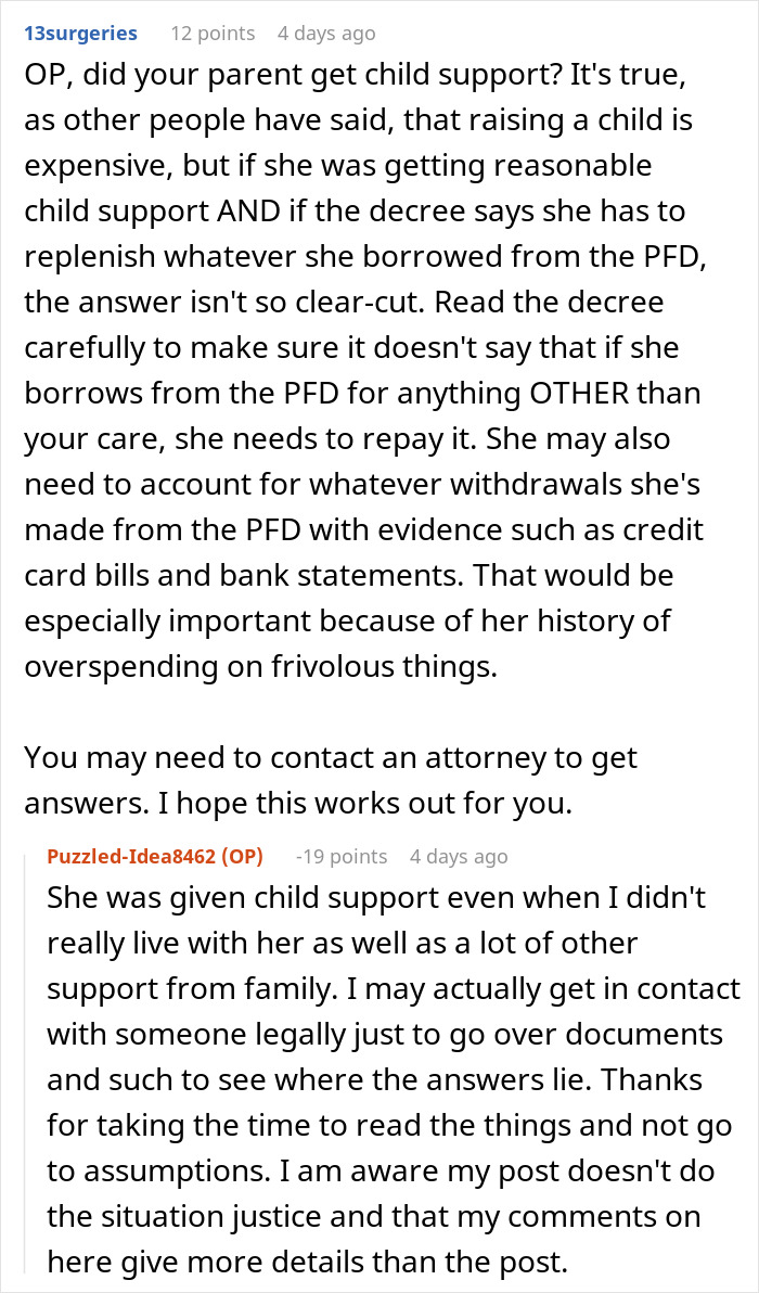 Reddit discussion about teen wondering what happened to her $30k and mom giving vague answers online.