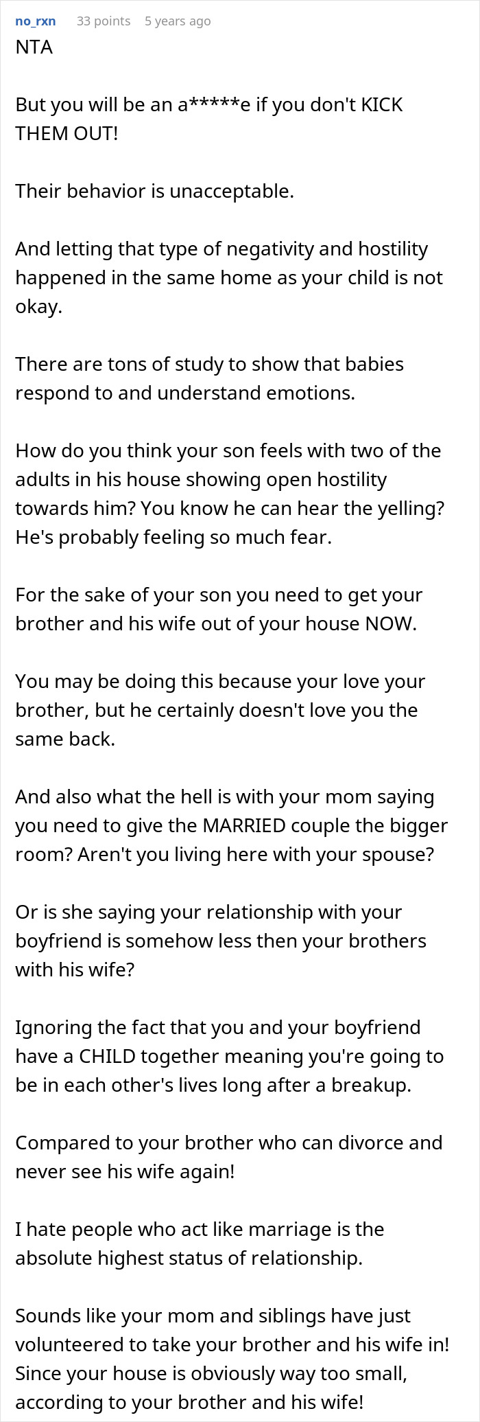 Comment discussing entitled behavior of a woman’s brother and his wife after she tries to help them.