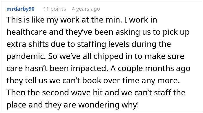 Comment discussing healthcare worker’s experience with staffing issues and management rules, relating to coffee shop worker story. Comment discussing healthcare worker’s experience with staffing issues and management rules, relating to coffee shop worker story.