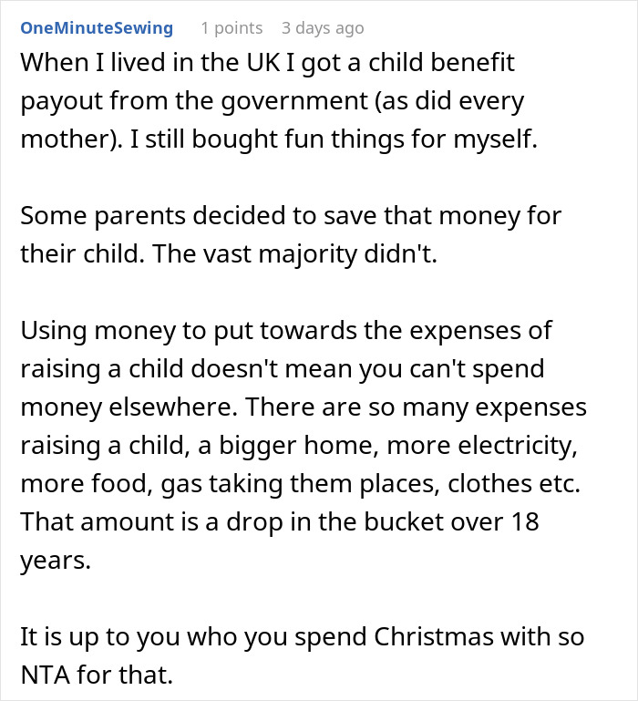 Reddit comment discussing child benefit payout and expenses of raising a child related to teen $30k money concerns.