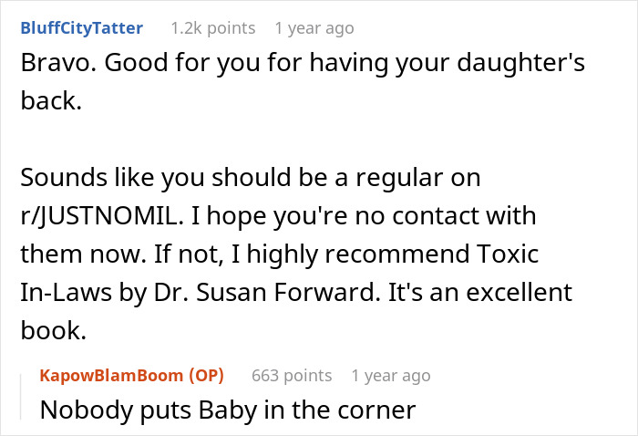 Commenter praising support for daughter, recommending book on toxic in-laws, and referencing mil-house Christmas dog humor. Commenter praising support for daughter, recommending book on toxic in-laws, and referencing mil-house Christmas dog humor.