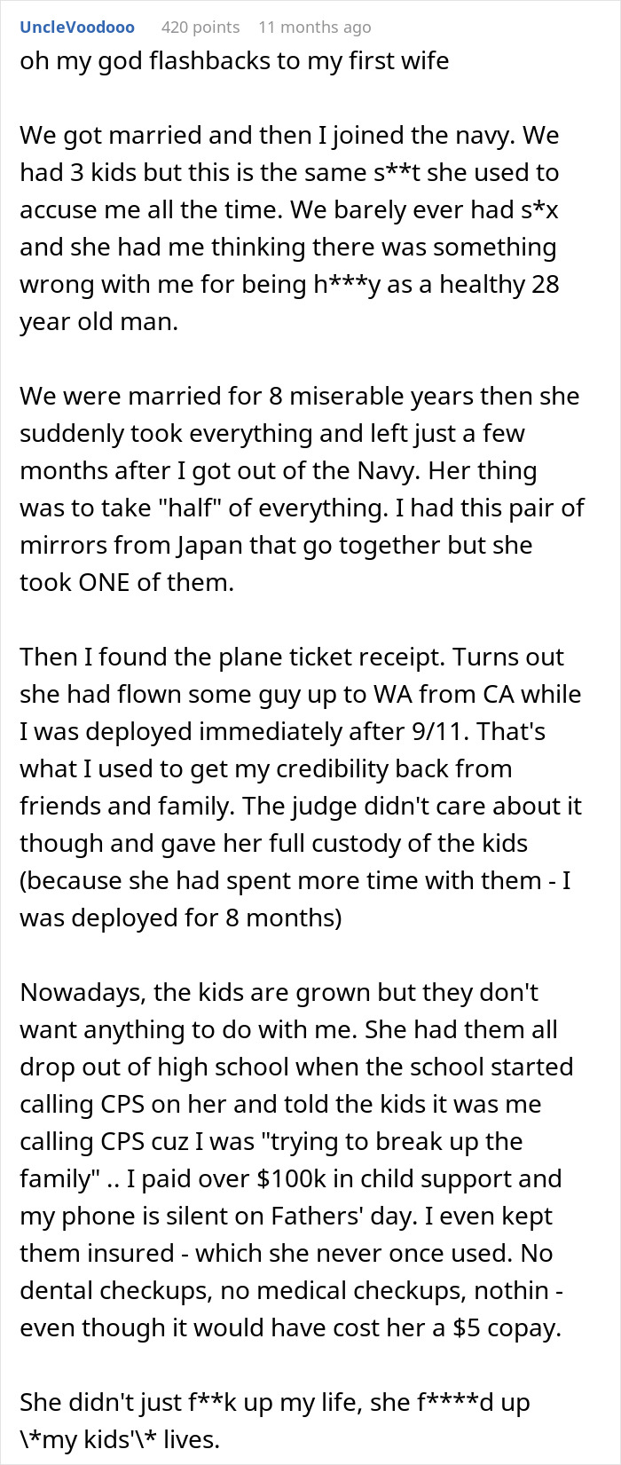 Comment text describing a man&rsquo;s experience of his wife ruining his reputation and family relationships after leaving him.