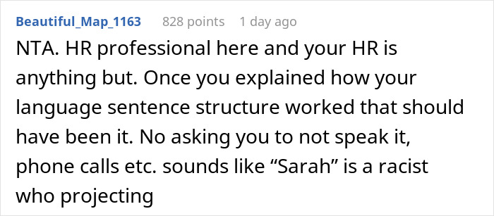 Comment discussing HR professional's view on a man taking a call in Korean and coworker's reaction involving HR. Comment discussing HR professional's view on a man taking a call in Korean and coworker's reaction involving HR.